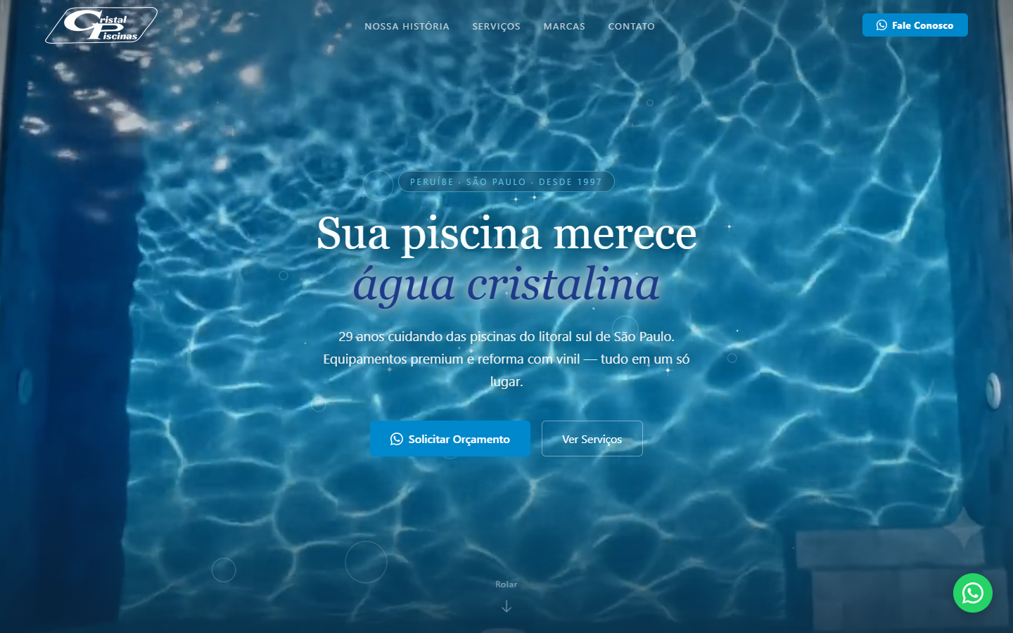Site Cristal Piscinas, criado com Proteu, no ar em Peruíbe/SP